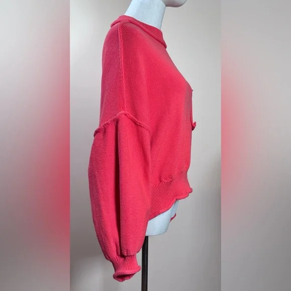 POL Never Let You Go Sweater Coral Pink Dolman Balloon Sleeve Raw Edge - Picture 3 of 8